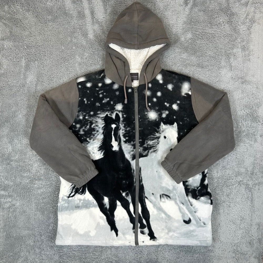 Classic Editions Horse Graphic Fleece Sherpa Lined Full Zip Hoodie Gray Large